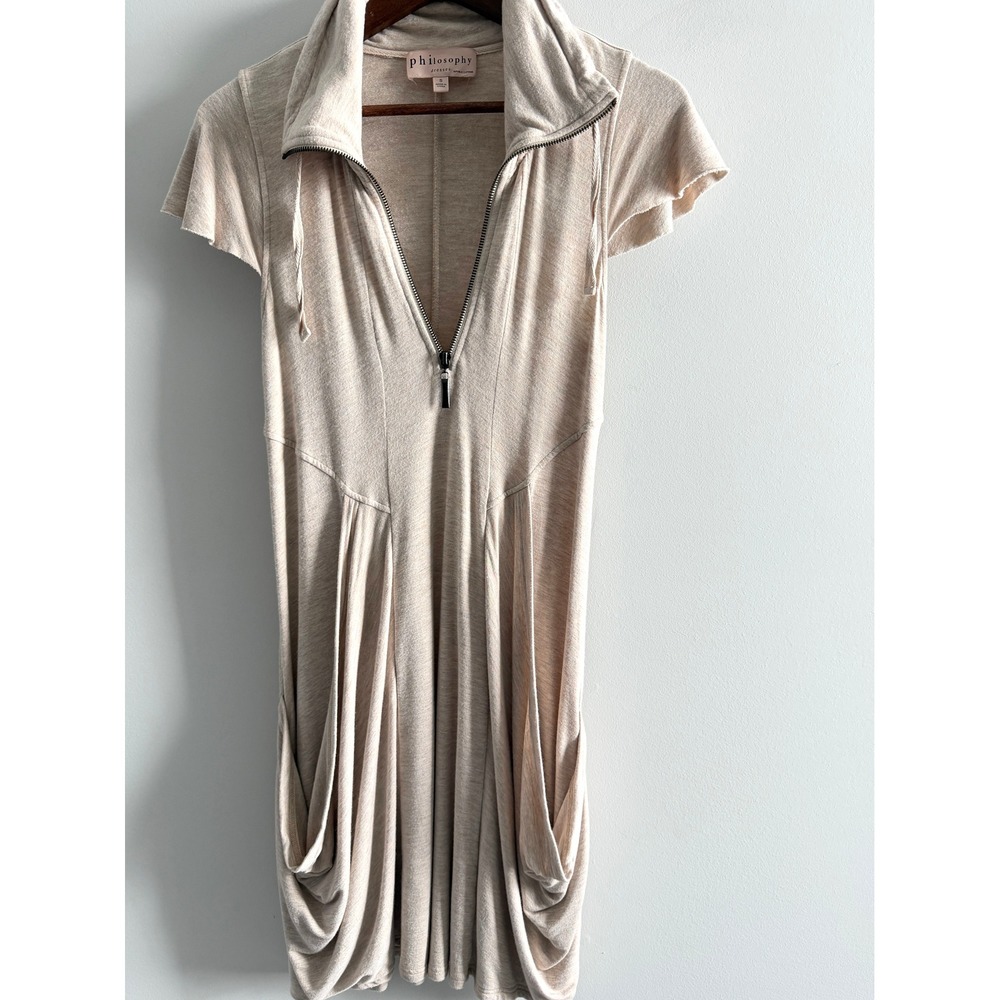 Philosophy Beige Heathered Knit Quarter Zip Draped Pocket‎ Dress Small